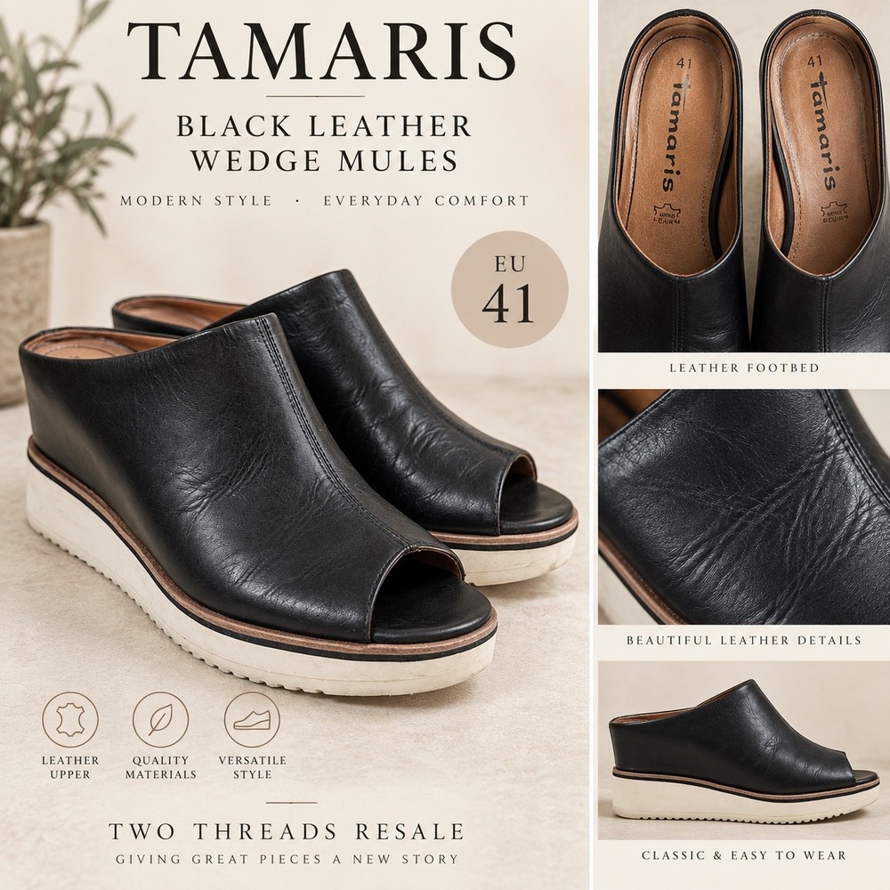Tamaris Black Leather Wedge Mules Open Toe Platform Sandals Size EU 41